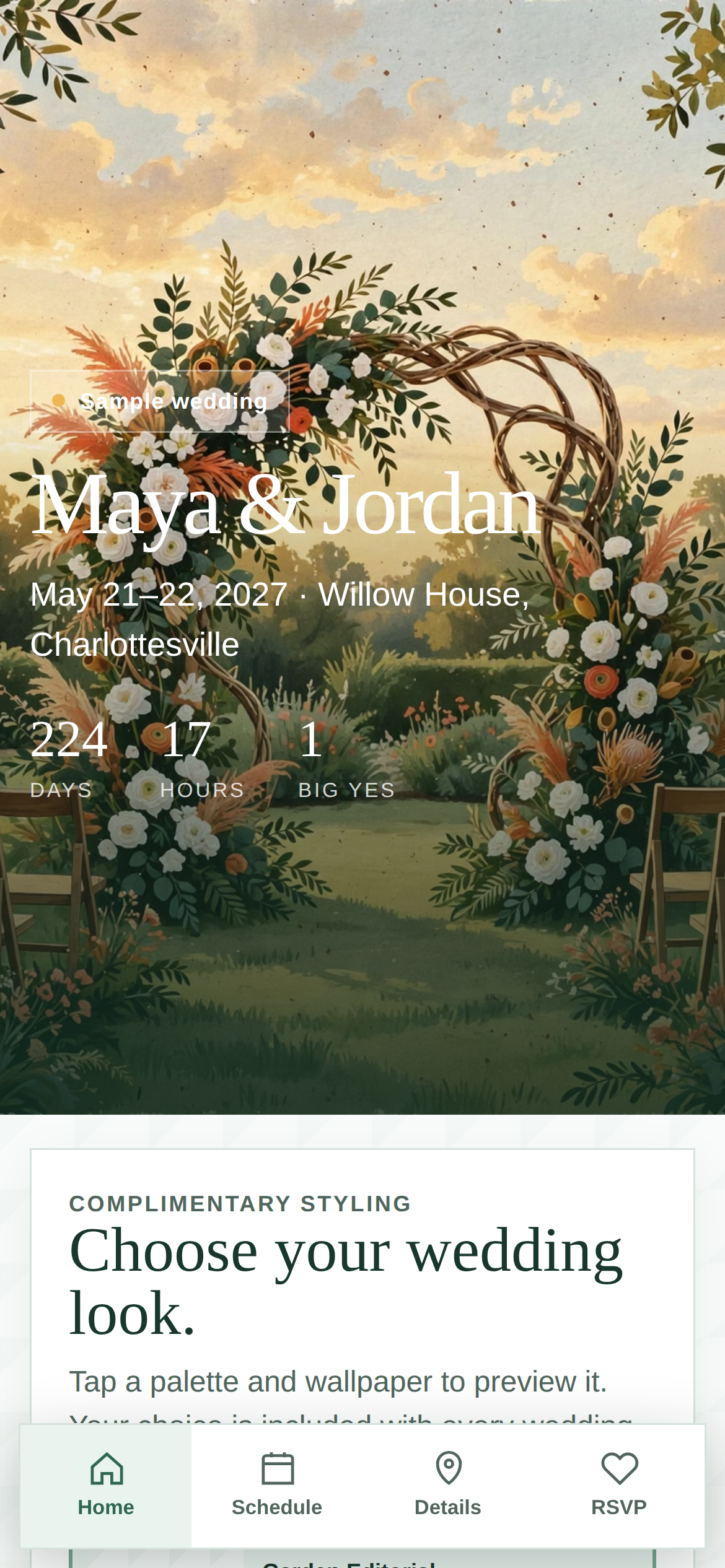 Wedding app home screen with garden-inspired styling