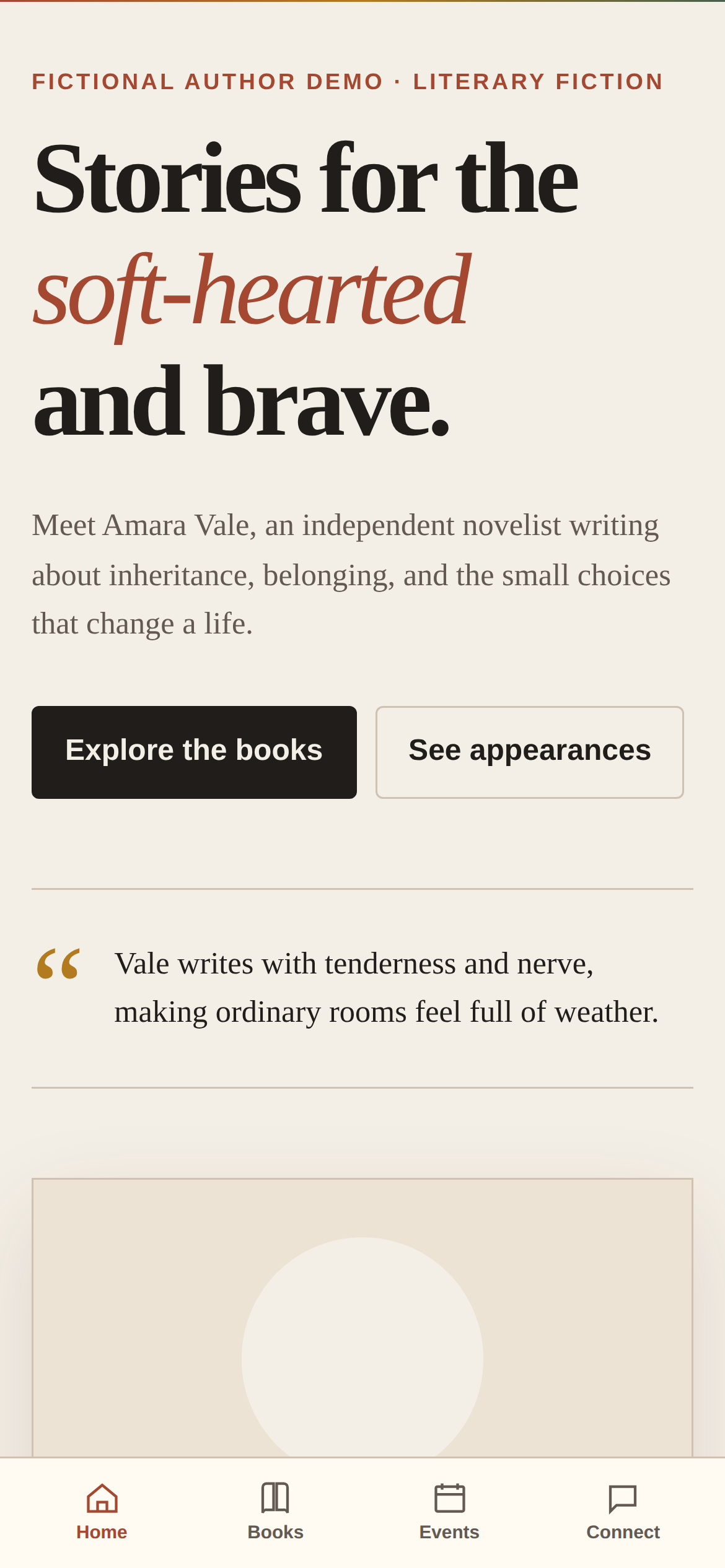Author app preview for a fictional novelist