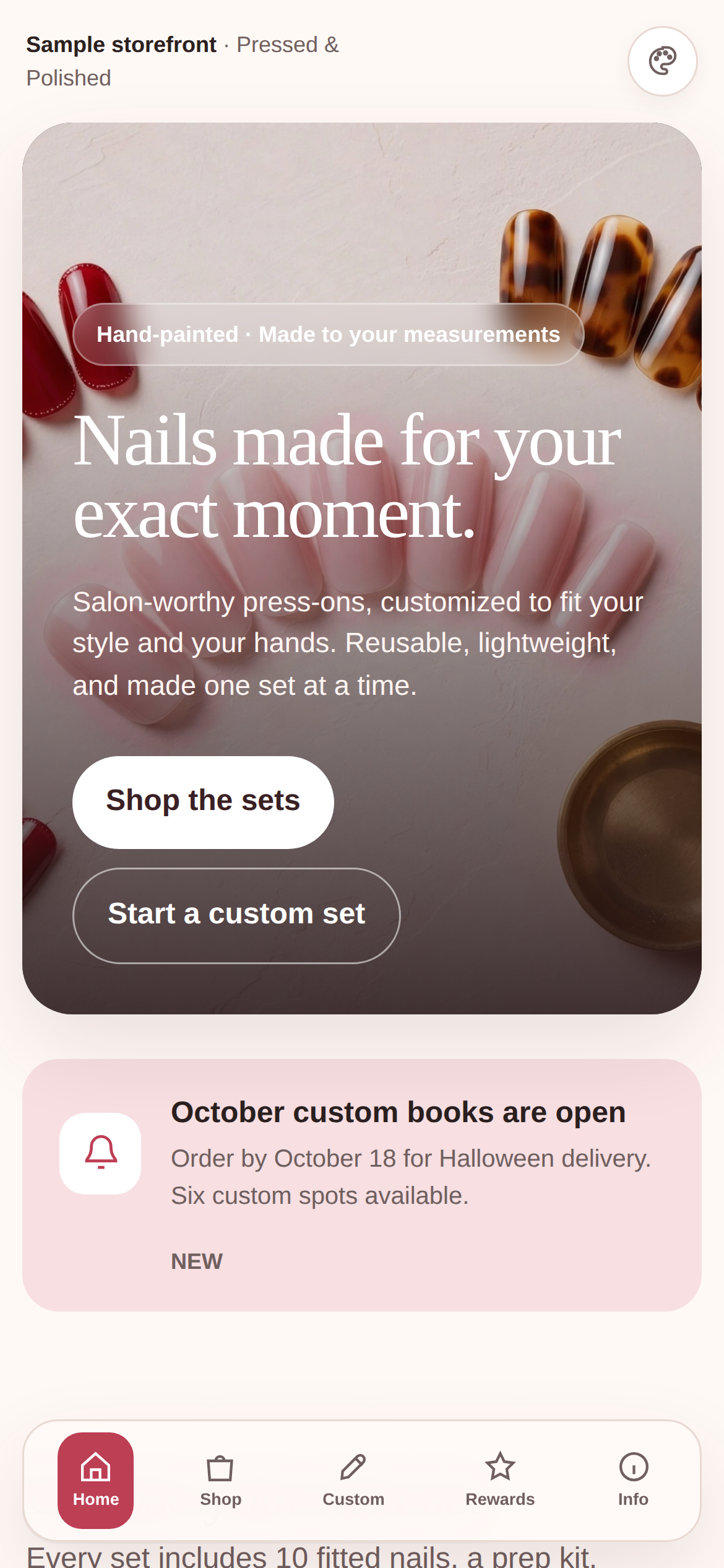 Press-on nail business app storefront home screen