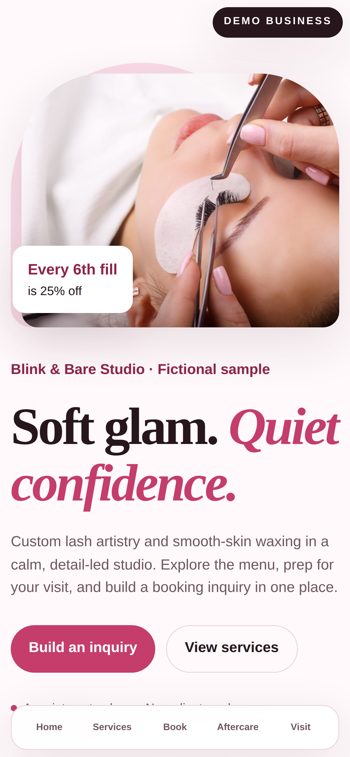 Beauty service app preview shown for a lash artist