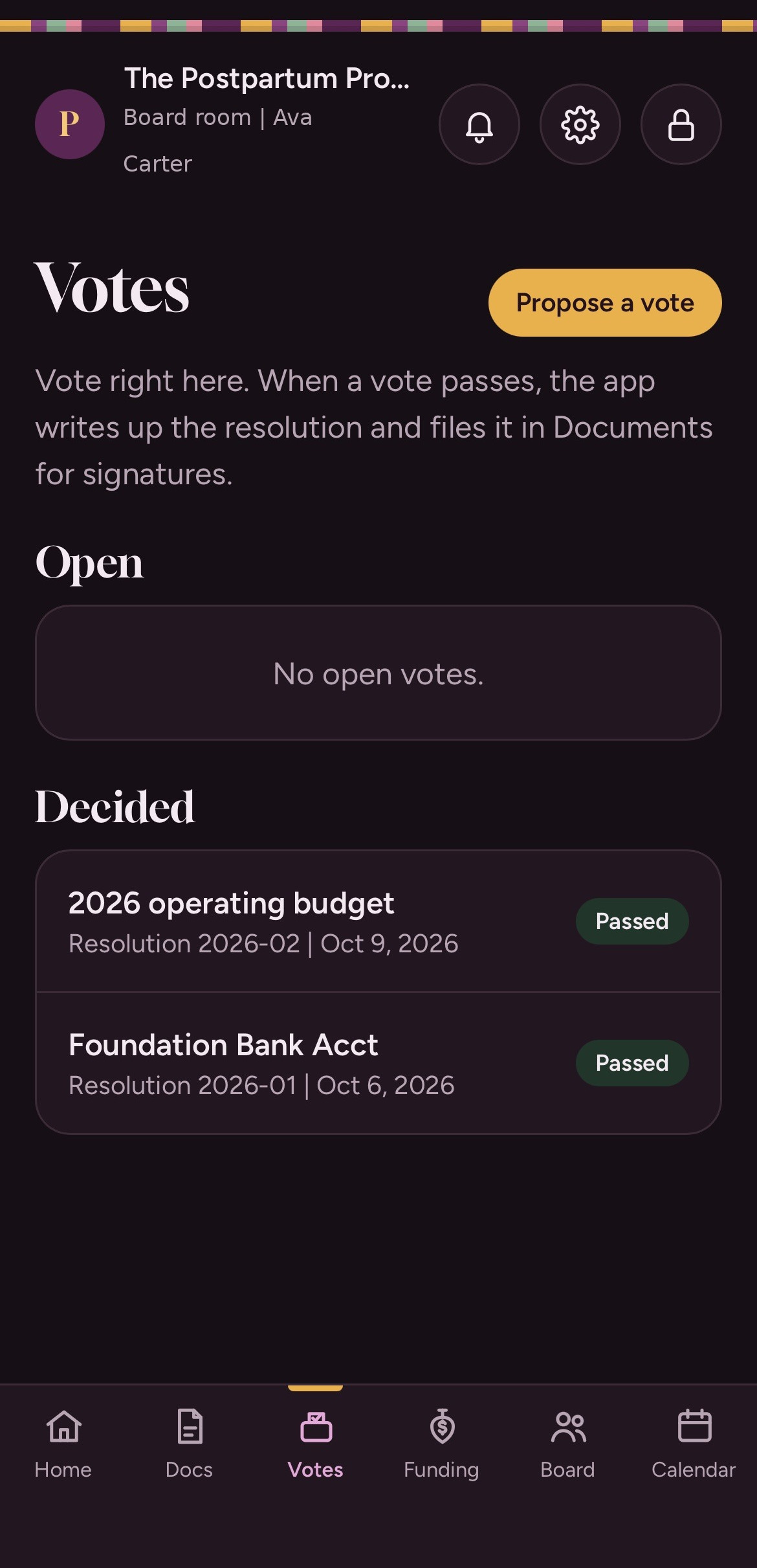 The Boardroom votes screen showing passed resolutions